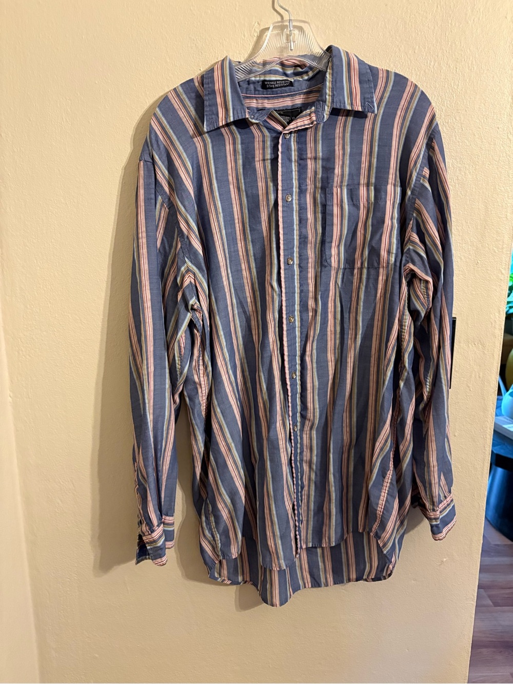 Men's Long-Sleeve Button-Down Shirt in Blue and Pink Stripes